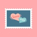 Two cute hearts together. Red Heart with word Ã¢â¬â Love and Blue Heart with word - Kiss. ÃÂ¡ute and romantic vector post stamp. Royalty Free Stock Photo